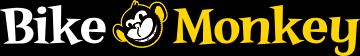 Logo for Bike Monkey featuring the text "Bike Monkey" in white and yellow, with a stylized monkey graphic in the center. The background is black.