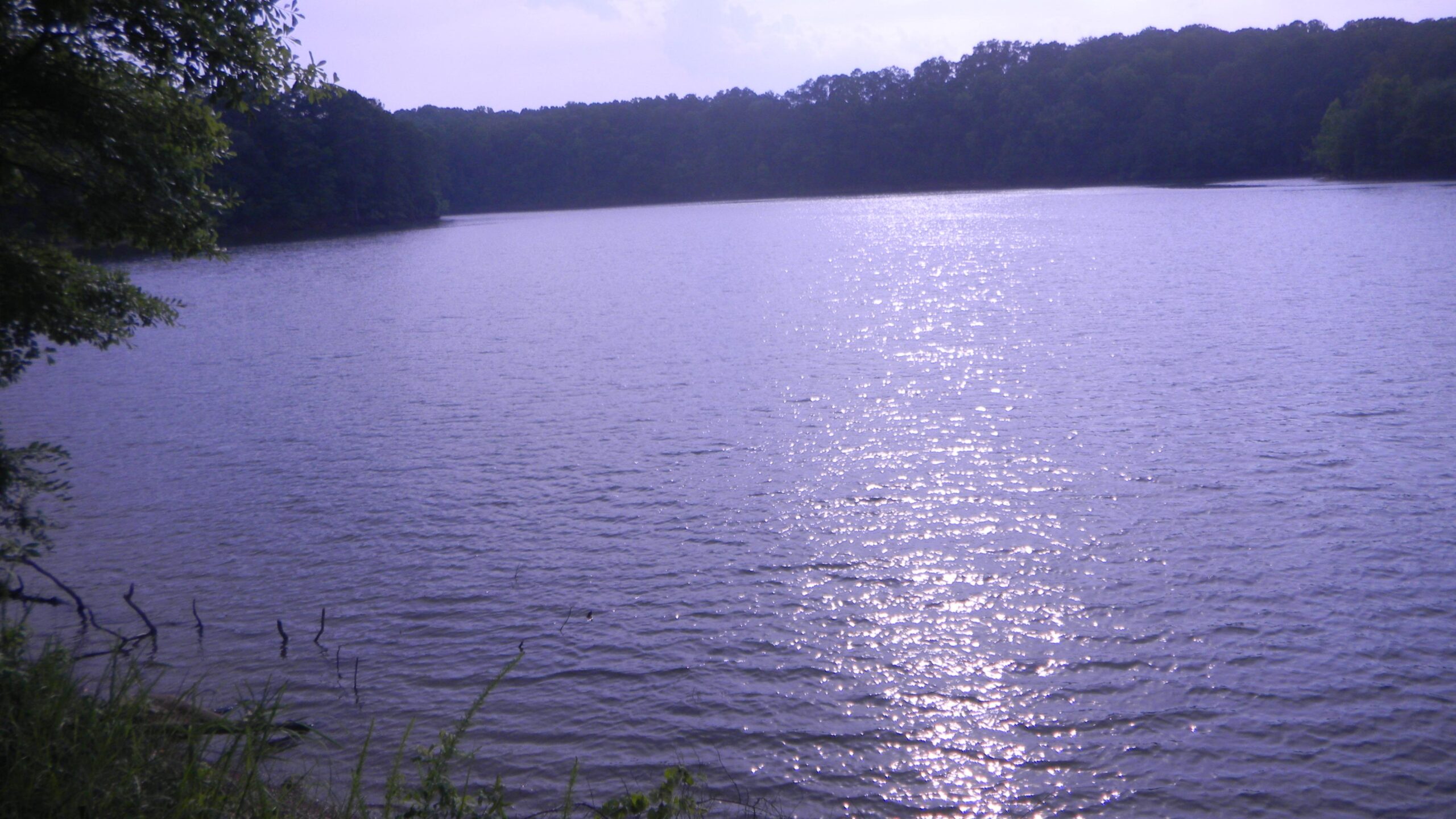 A serene lake reflecting sunlight, surrounded by lush green trees under a cloudy sky. The water appears calm with gentle ripples. Blankets Creek mountain bike trail.
