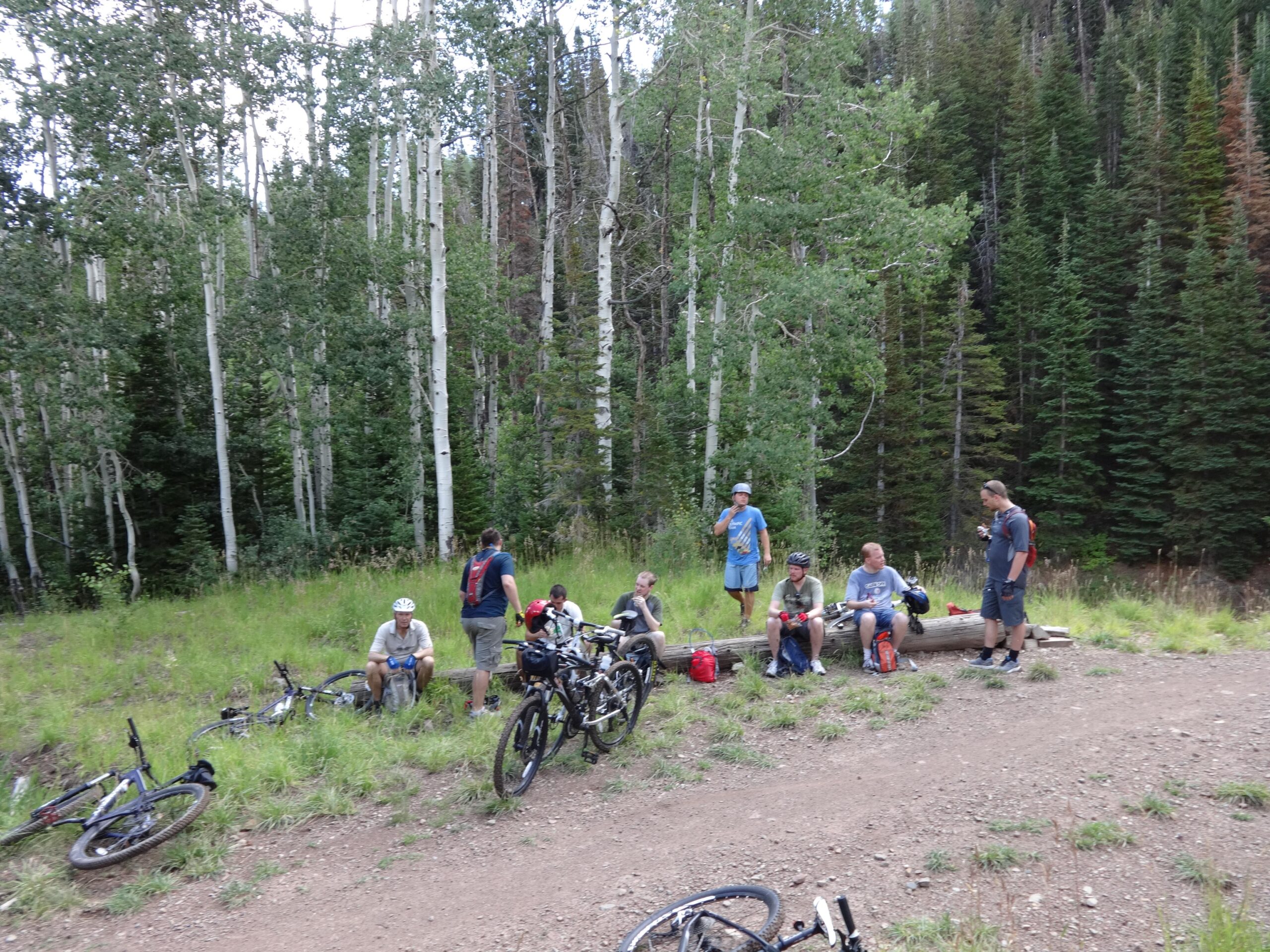A group of people resting on the ground near their mountain bikes, surrounded by tall trees in a forested area. Some individuals are seated on logs, while others are standing and chatting. The landscape features a blend of grassy patches and gravel paths, indicating an outdoor recreational setting. Mid Mountain mountain bike trail.