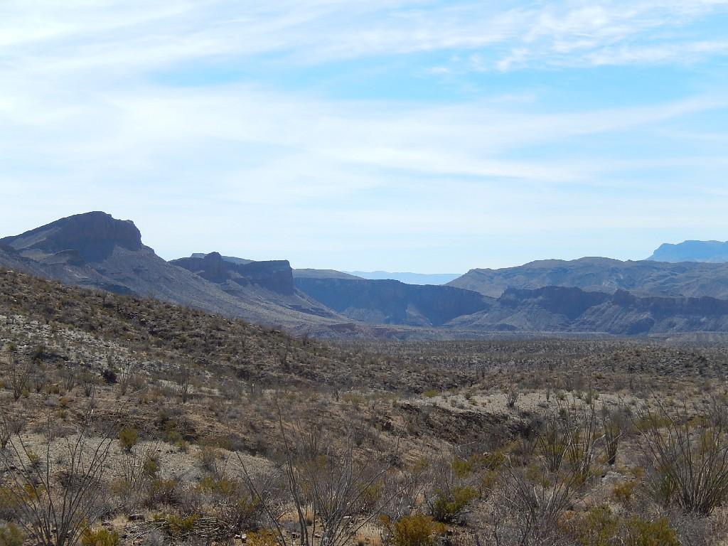 A wide view of a desert landscape featuring rugged mountains in the background under a partly cloudy sky. The terrain is sparse with dry shrubs and grasses scattered across the foreground, creating a serene and arid atmosphere. Big Bend Ranch State Park mountain bike trail.