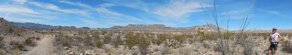 A panoramic view of a desert landscape with mountains in the background under a blue sky with wispy clouds. In the foreground, a cyclist stands alongside a path, surrounded by desert vegetation such as cacti and shrubs. The scene captures the arid environment and natural beauty of the area. Big Bend State Park mountain bike trail.