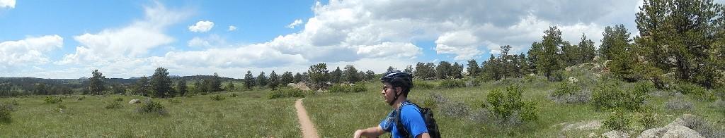 A person wearing a blue shirt and a biking helmet stands on a dirt trail in a lush green landscape, surrounded by trees and rocky outcrops under a partly cloudy sky. Curt Gowdy State Park mountain bike trail.