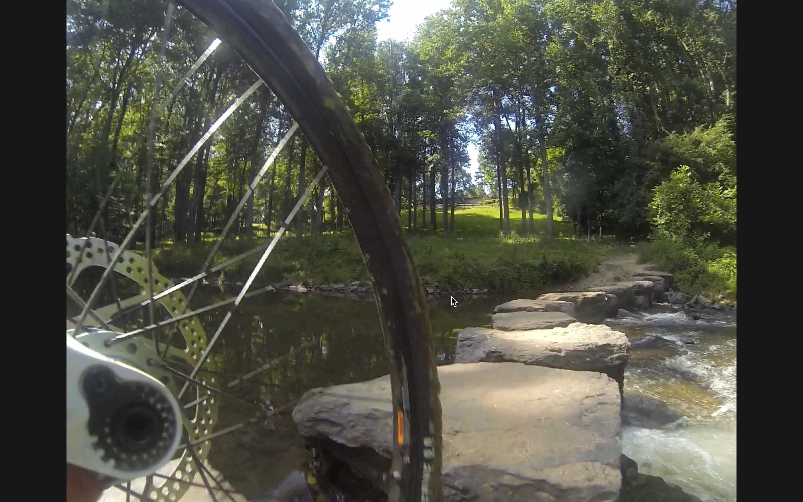 A close-up view of a bicycle wheel with a disc brake, positioned near a rocky stream crossing in a forested area. Sunlight filters through the trees, illuminating the scene as the clear water flows over the rocks and greenery. Difficult Run mountain bike trail.