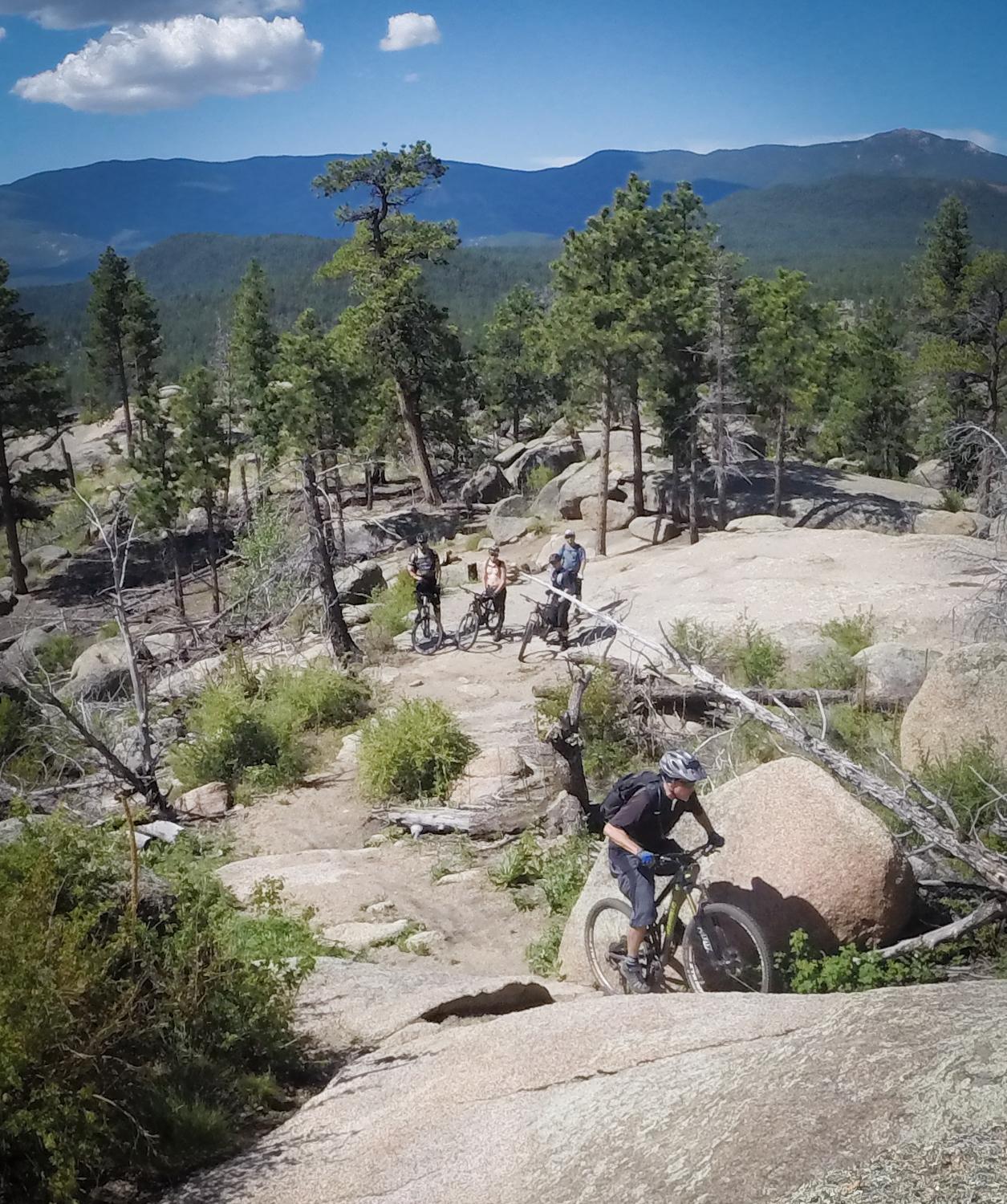 A group of mountain bikers navigating rocky terrain in a forested area, surrounded by trees and distant mountains under a clear blue sky with a few clouds. One biker is riding downhill while others are positioned on the path, observing or waiting. Buffalo Creek mountain bike trail.
