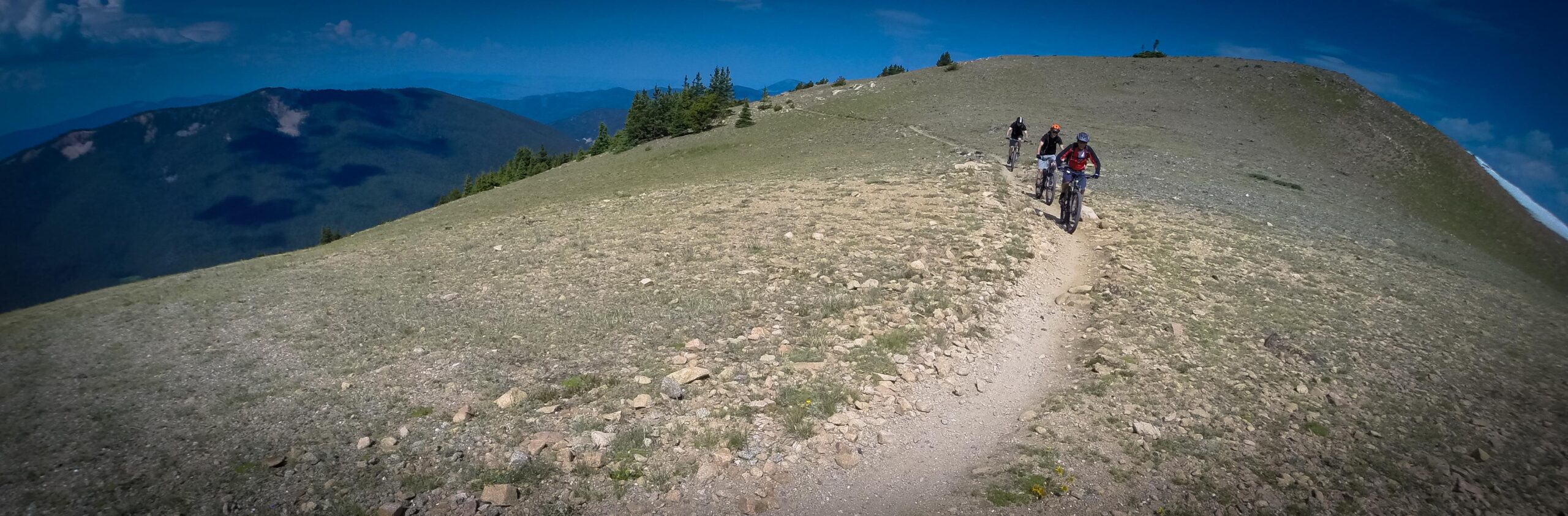 Three mountain bikers riding along a narrow dirt trail on a grassy hillside, surrounded by rocky terrain and distant mountain ranges under a clear blue sky. Monarch Crest Trail mountain bike trail.