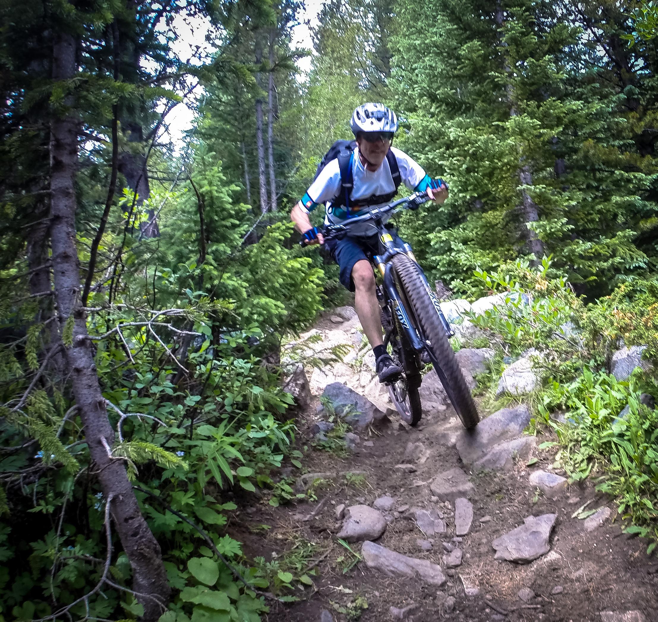 A person riding a mountain bike on a rocky trail surrounded by lush green trees and foliage. The cyclist is wearing a helmet and is navigating over boulders, indicating an active outdoor adventure. Green's Creek mountain bike trail.
