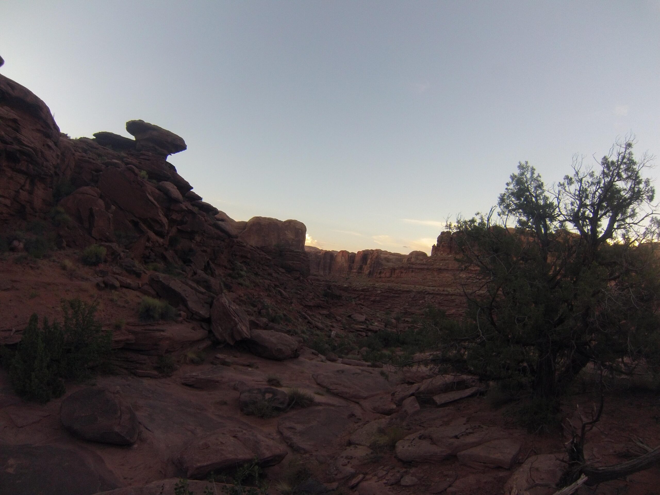 A rocky landscape with steep cliffs and boulders under a clear sky, featuring a sparse greenery with low shrubs and a prominent tree on the right side. The scene captures the rugged beauty of a desert canyon during dusk. Captain Ahab mountain bike trail.