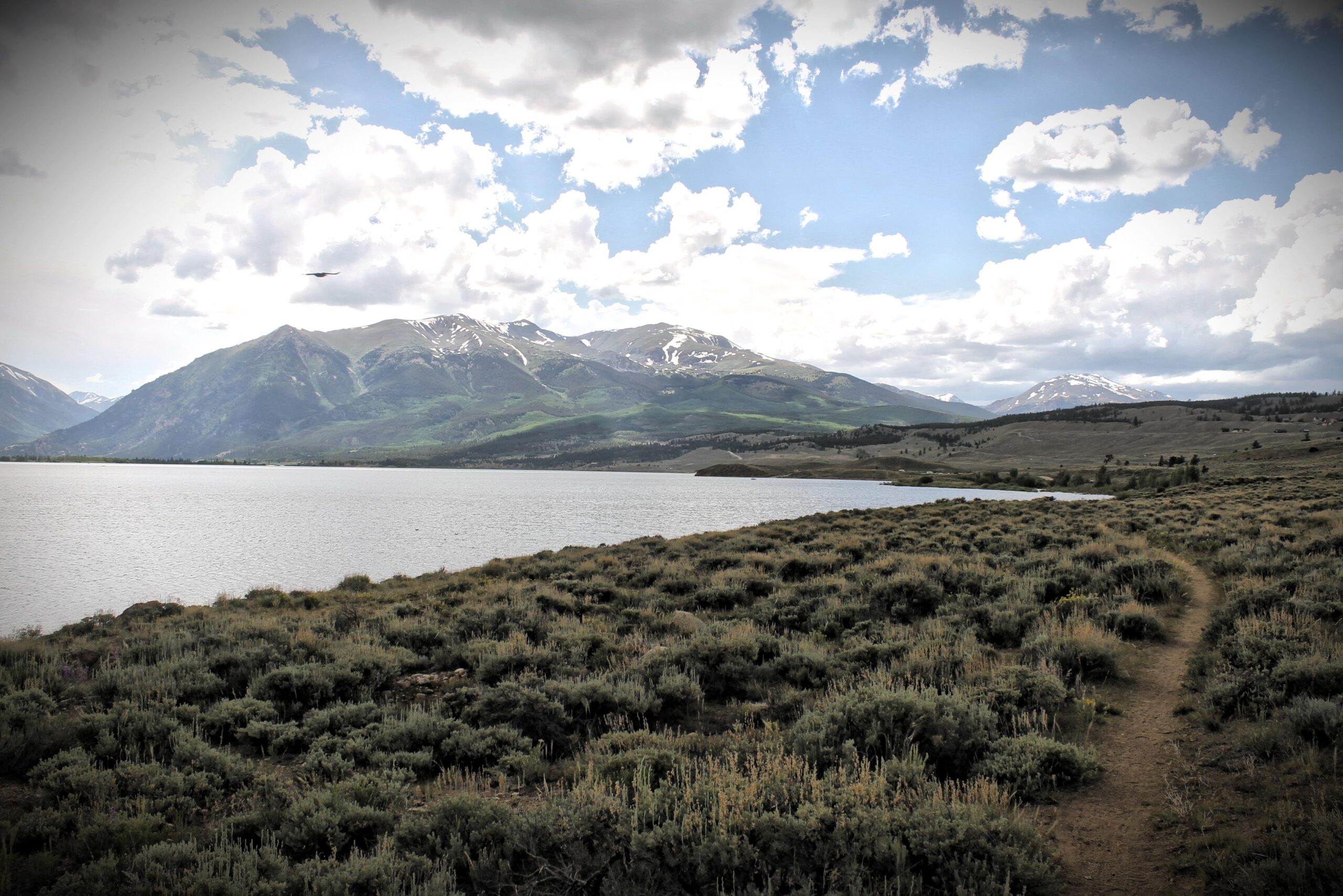 A scenic view of a tranquil lake surrounded by rolling hills and snow-capped mountains under a partly cloudy sky. A narrow dirt path winds along the shore, flanked by patches of lush greenery and shrubs. The landscape captures the serenity of nature, inviting exploration and reflection. Twin Lakes Loop mountain bike trail.