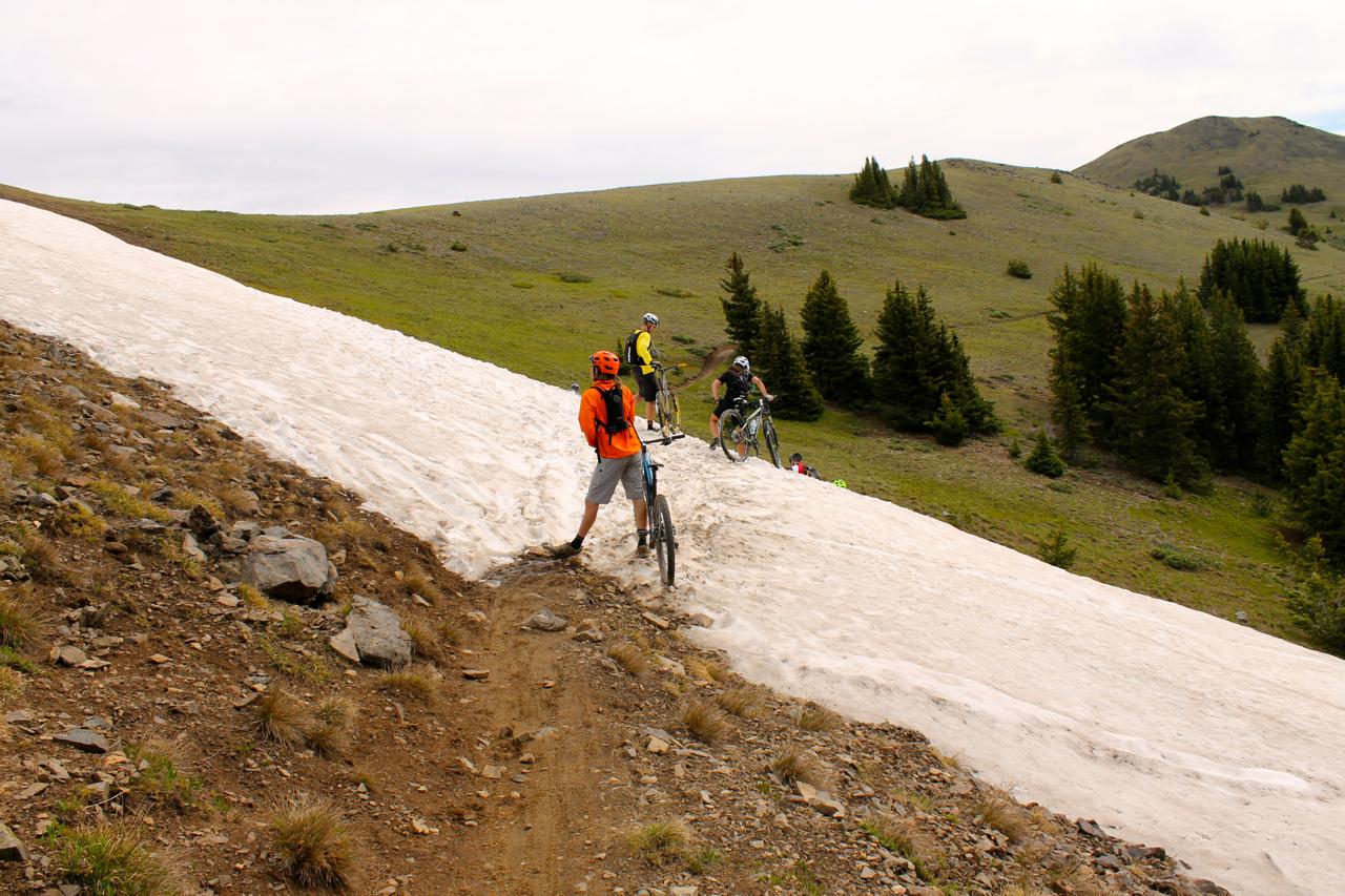 A group of mountain bikers navigating a snowy slope on a hillside, surrounded by lush green meadows and pine trees. One biker, dressed in an orange jacket and helmet, is standing while holding a bike, with two other bikers in the background, positioned on the snow and rocky terrain. The scene captures an adventurous outdoor activity in a mountainous landscape under a cloudy sky. Monarch Crest Trail mountain bike trail.
