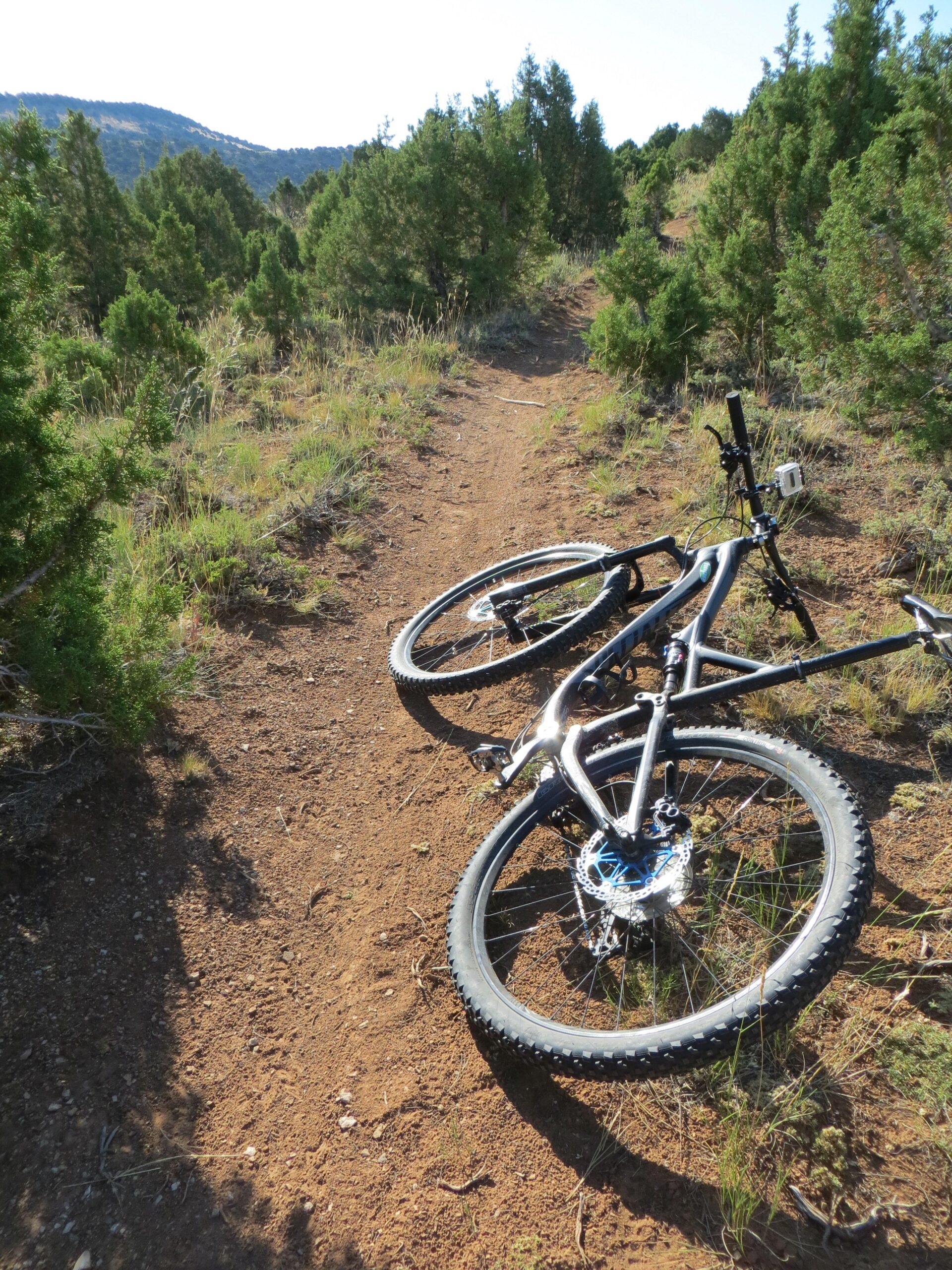 A mountain bike lying on a dirt trail surrounded by green shrubs and trees, with a backdrop of rolling hills under a clear blue sky. Johnny Behind The Rocks mountain bike trail.