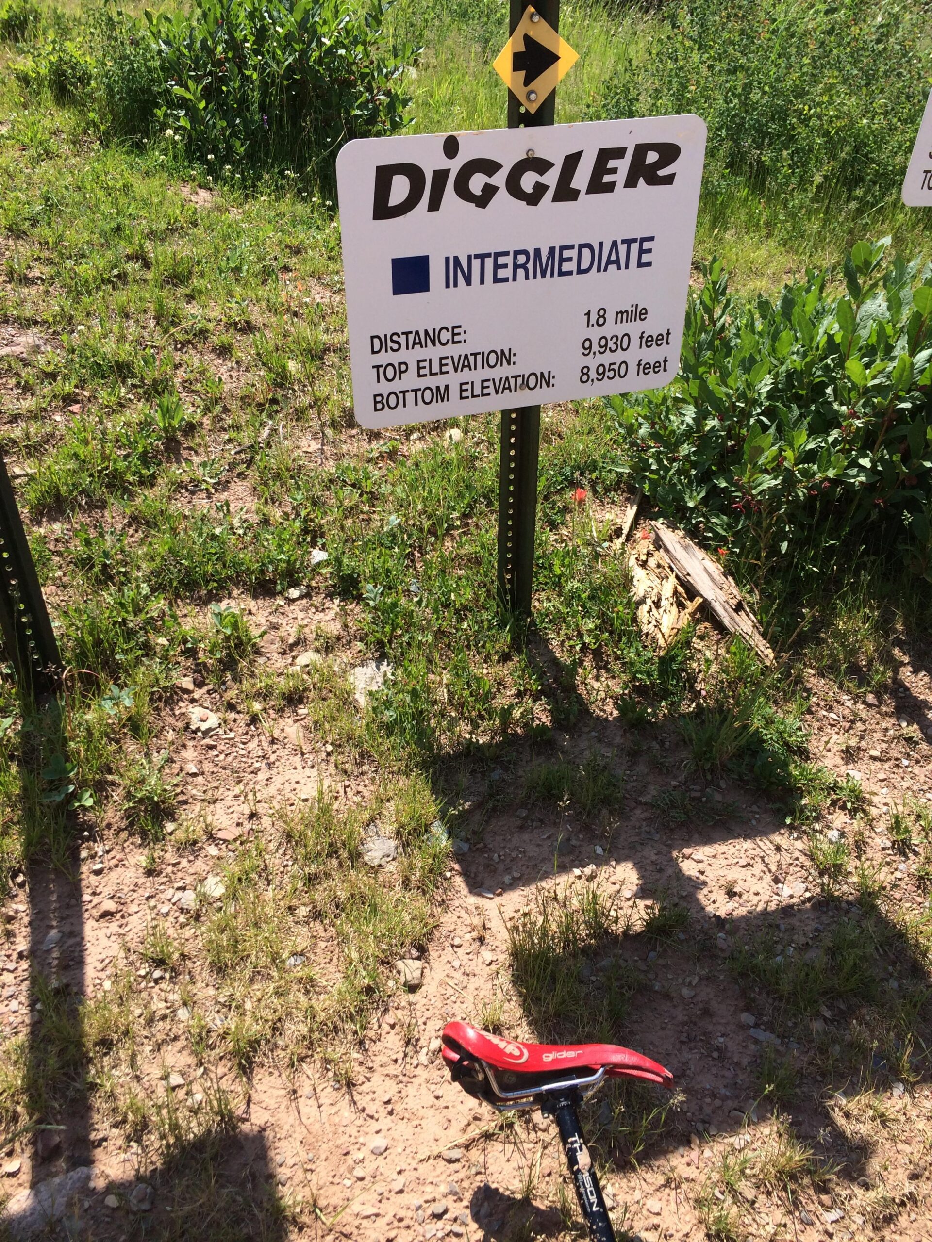 Sign marking the "Diggler" trail, classified as intermediate with a distance of 1.8 miles. It lists the top elevation at 9,930 feet and the bottom elevation at 8,950 feet. A bicycle saddle is partially visible in the foreground, with grassy terrain surrounding the sign. Diggler mountain bike trail.