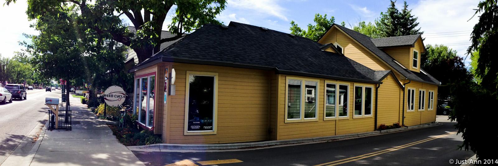 A sunny street view of a yellow building with a sloped roof, featuring large windows and a sign that reads "Reed Cycle." The building is surrounded by trees and plants, with a sidewalk in the foreground and cars parked along the road. The scene conveys a vibrant, welcoming atmosphere typical of a small-town setting.
