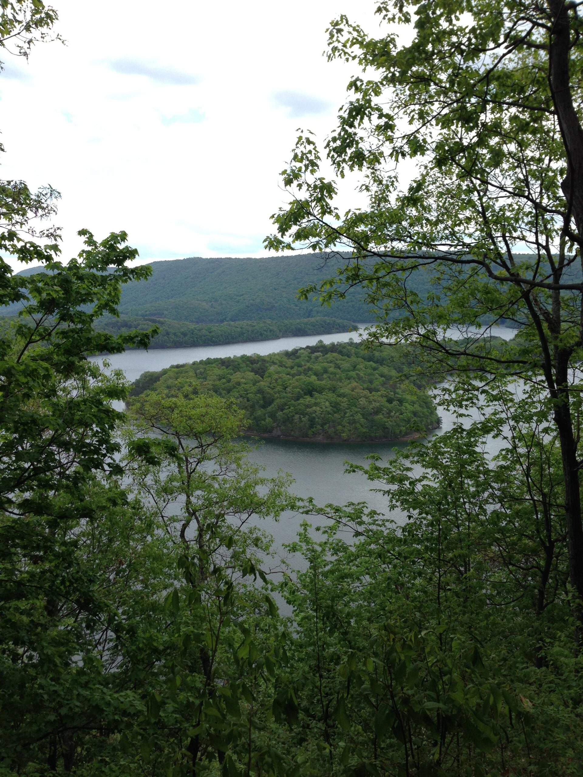A peaceful landscape featuring a view of a serene lake surrounded by lush green trees and rolling hills under a cloudy sky. Allegrippis Trails mountain bike trail.