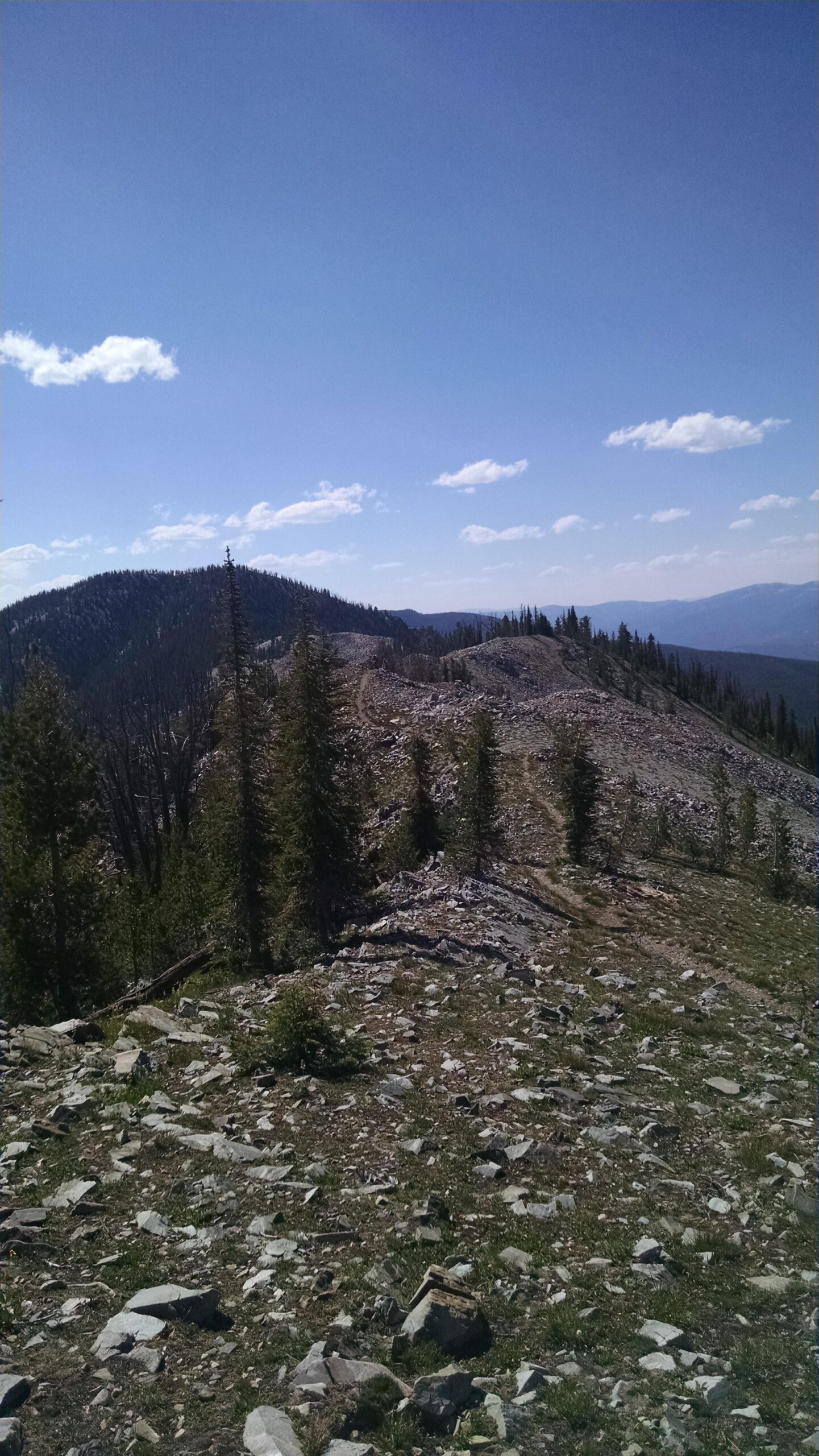 A rocky mountain ridge under a clear blue sky, featuring scattered trees and expansive views of surrounding wooded hills and valleys. Fourth of July to Carmen Creek Trail mountain bike trail.