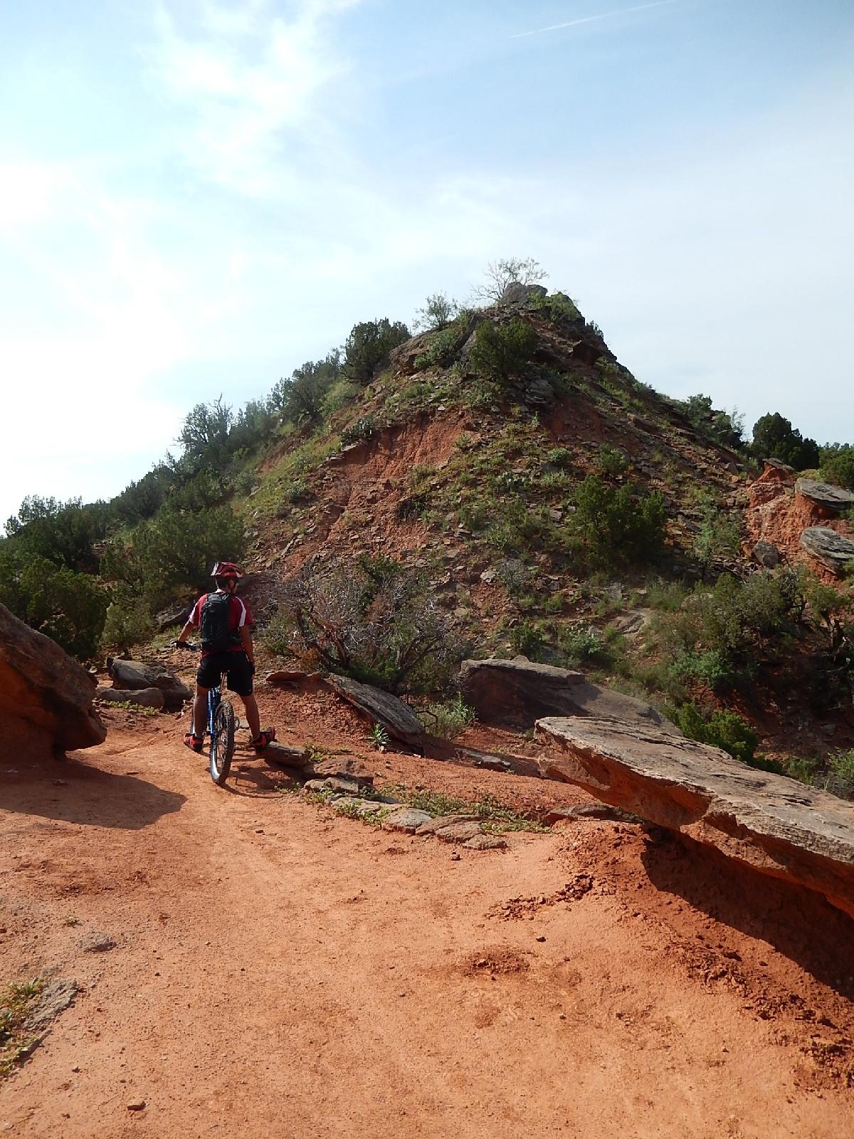 A person riding a mountain bike on a sandy trail surrounded by rocky terrain and green vegetation, with a small hill in the background under a clear sky. Palo Duro Canyon mountain bike trail.