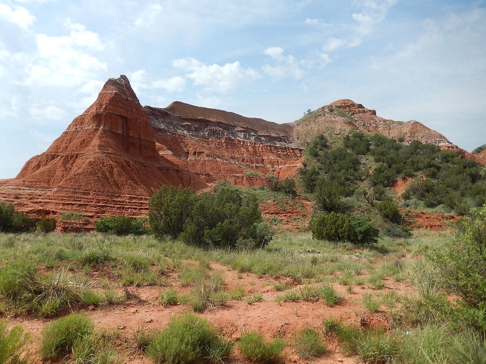 Expansive landscape featuring striking red rock formations and layered cliffs under a partly cloudy sky, with green shrubs and grasses in the foreground. Palo Duro Canyon mountain bike trail.