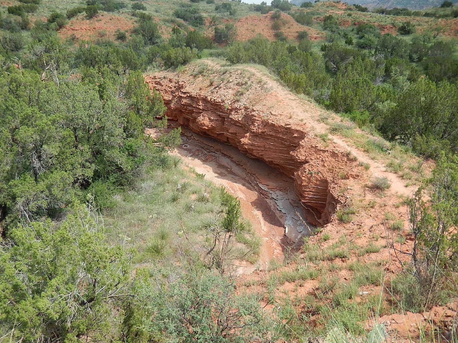 A landscape featuring a reddish-brown rock formation with layered cliffs, surrounded by green shrubs and grasses. The scene depicts a dry creek bed at the bottom of the formation, with gentle slopes of grass-covered terrain in the background. The area is characterized by natural vegetation typical of a semi-arid environment. Palo Duro Canyon mountain bike trail.
