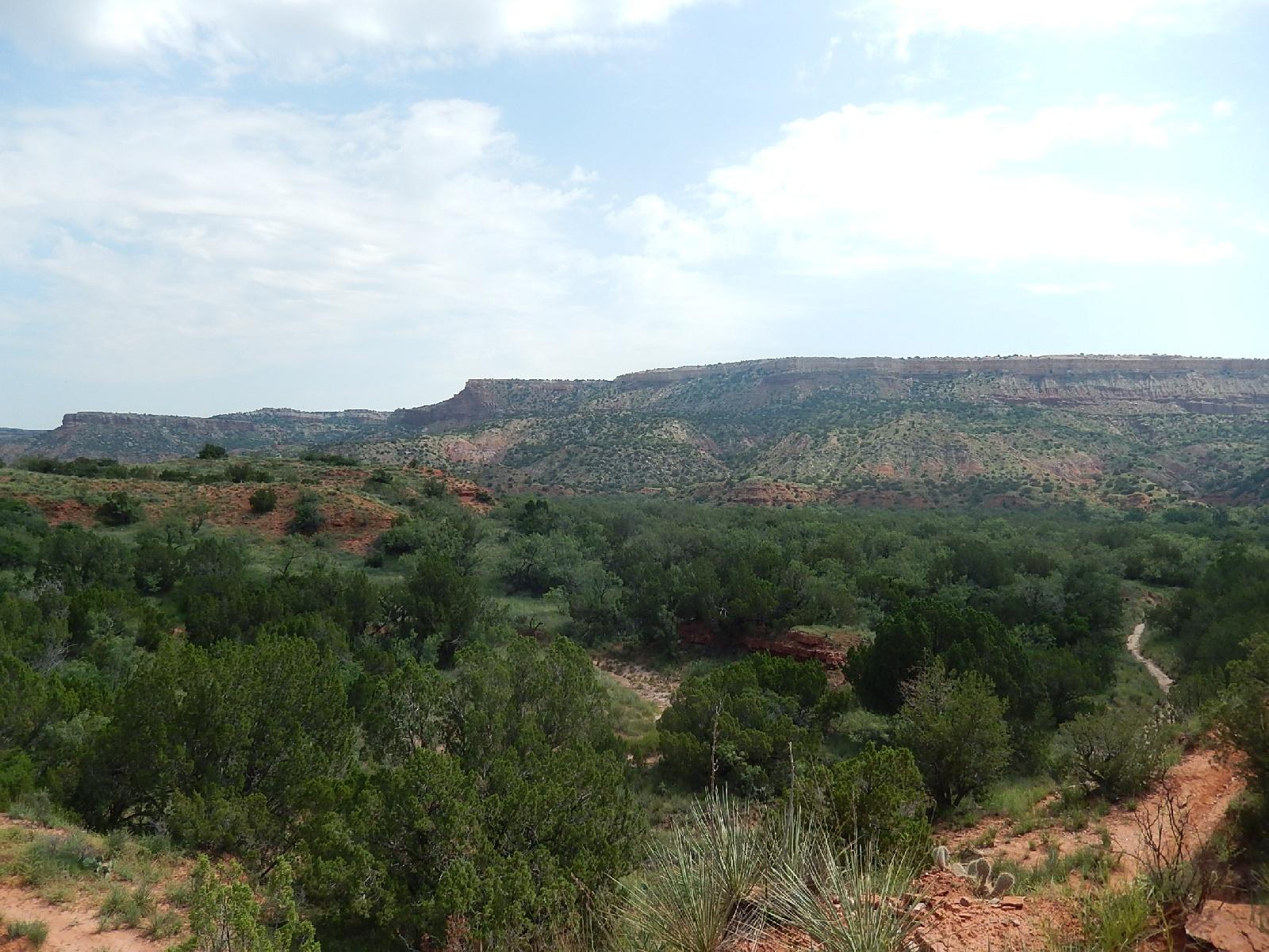 A panoramic view of rugged terrain featuring rolling hills, red rock formations, and patches of green vegetation under a bright sky with scattered clouds. A winding path cuts through the landscape, indicating trails through the natural scenery. Palo Duro Canyon mountain bike trail.