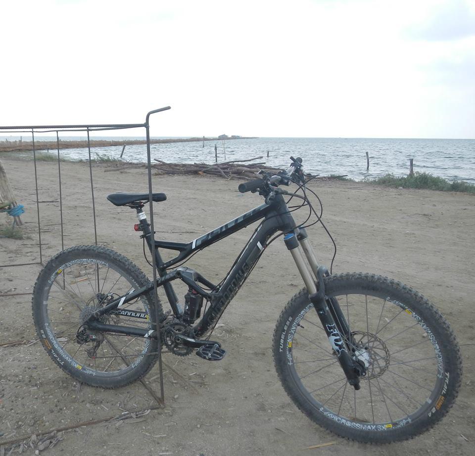 Cannondale Jekyll 3: A black mountain bike parked on a sandy shore by the water, with a partially cloudy sky in the background. The bike is positioned near a metal frame, and the shoreline features some scattered debris and vegetation.