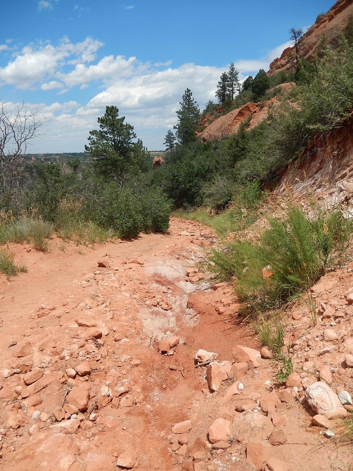 A narrow dirt trail winding through rocky terrain with patches of red soil, surrounded by bushes and small trees, under a bright blue sky with scattered clouds. Red Rock Canyon mountain bike trail.