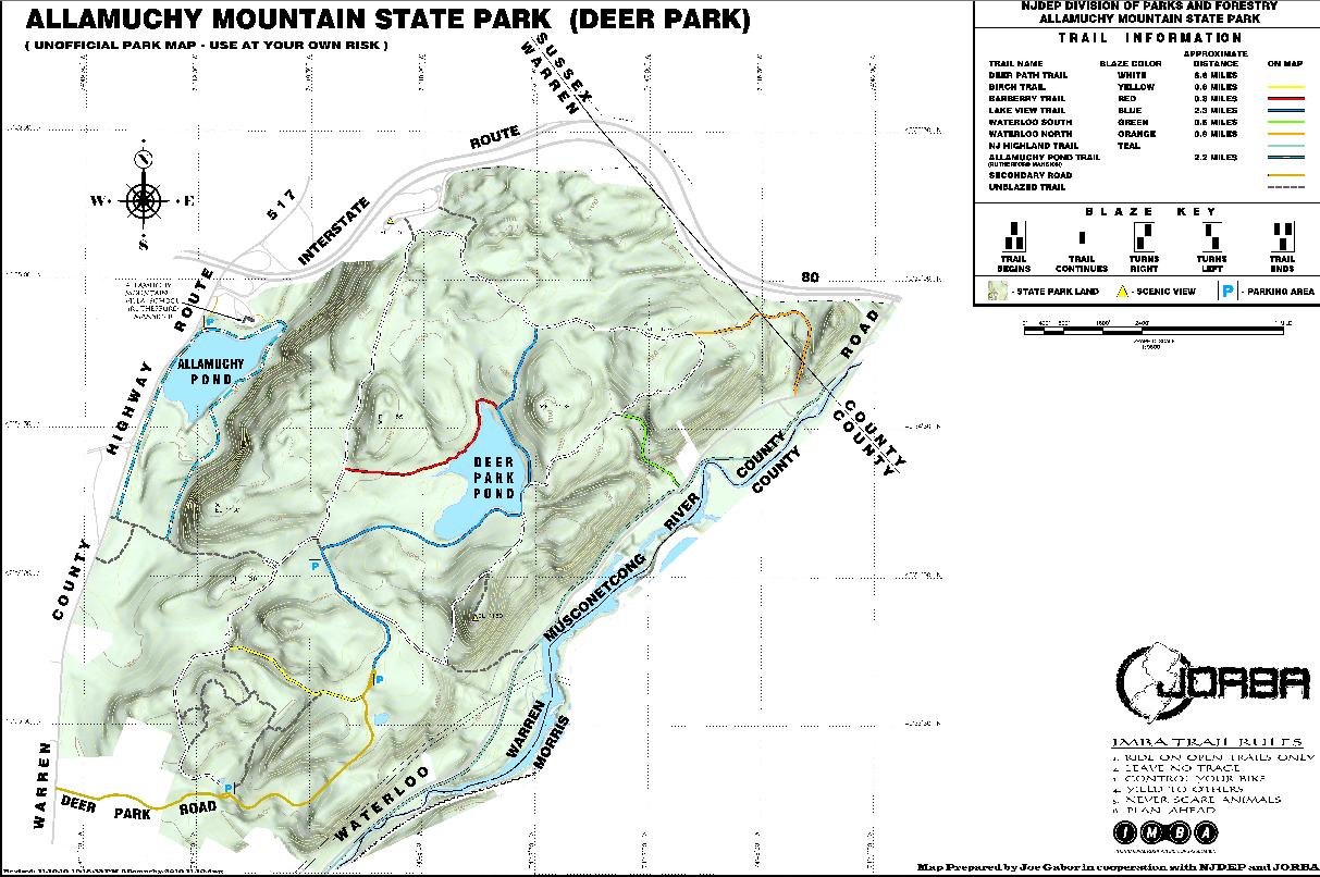 Map of Allamuchy Mountain State Park (Deer Park), featuring marked trails, ponds, and elevation details. The map includes trail information with color-coded paths, a blaze key for navigation, and notes regarding park usage and rules. Allamuchy North-Deer Park-Stephens Connecter Ride mountain bike trail.
