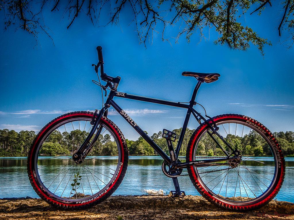 Surly 1x1: A black bike with red tires stands on a sandy shore by a calm lake, under a clear blue sky with a few clouds. Lush green trees line the background, reflecting in the water. The bike's frame and components are clearly visible, showcasing its rugged design.