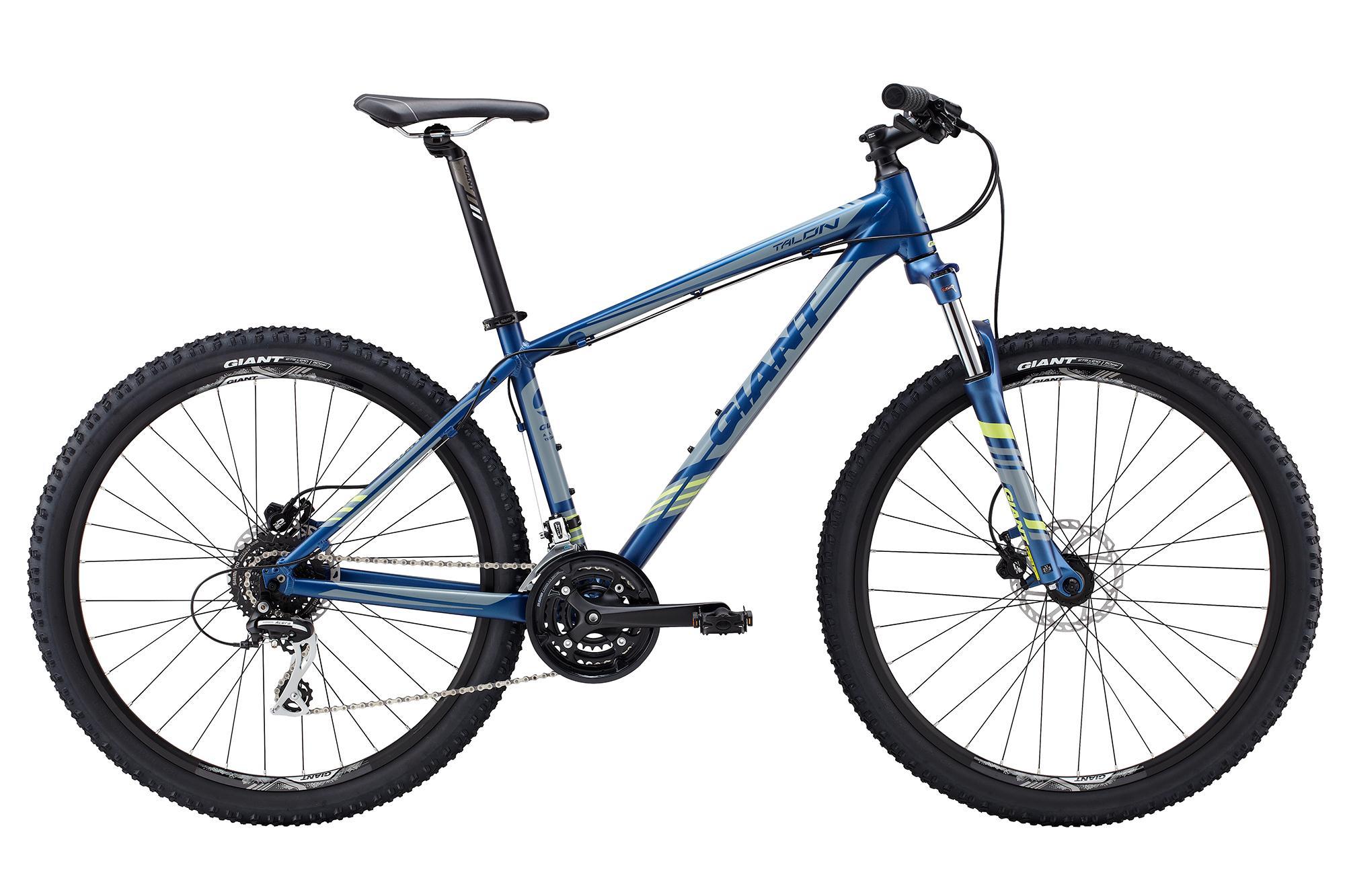 Giant Talon 27.5: Mountain bike in blue and green color scheme with wide tires, front suspension, and a single gear system. The frame features a sleek design with a modern aesthetic, showcasing the brand name prominently on the side.