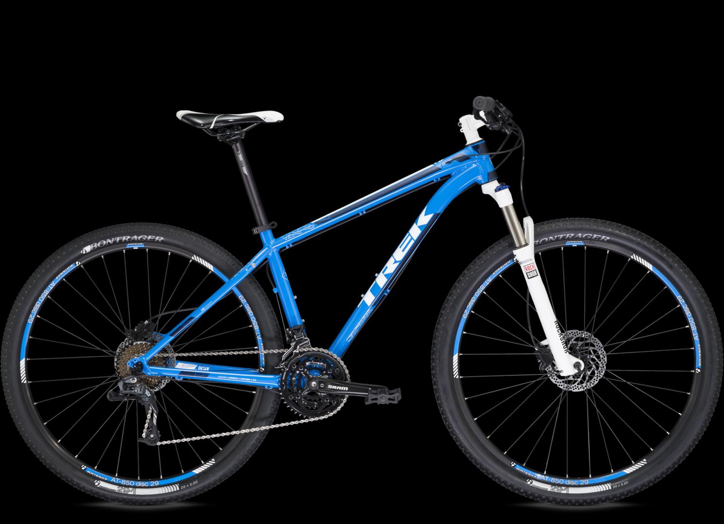 Trek X-Caliber 8: A blue mountain bike with a lightweight frame, front suspension, and disc brakes, set against a black background. The bike features wide tires suitable for off-road terrain and has a sleek design with a distinctive branding.