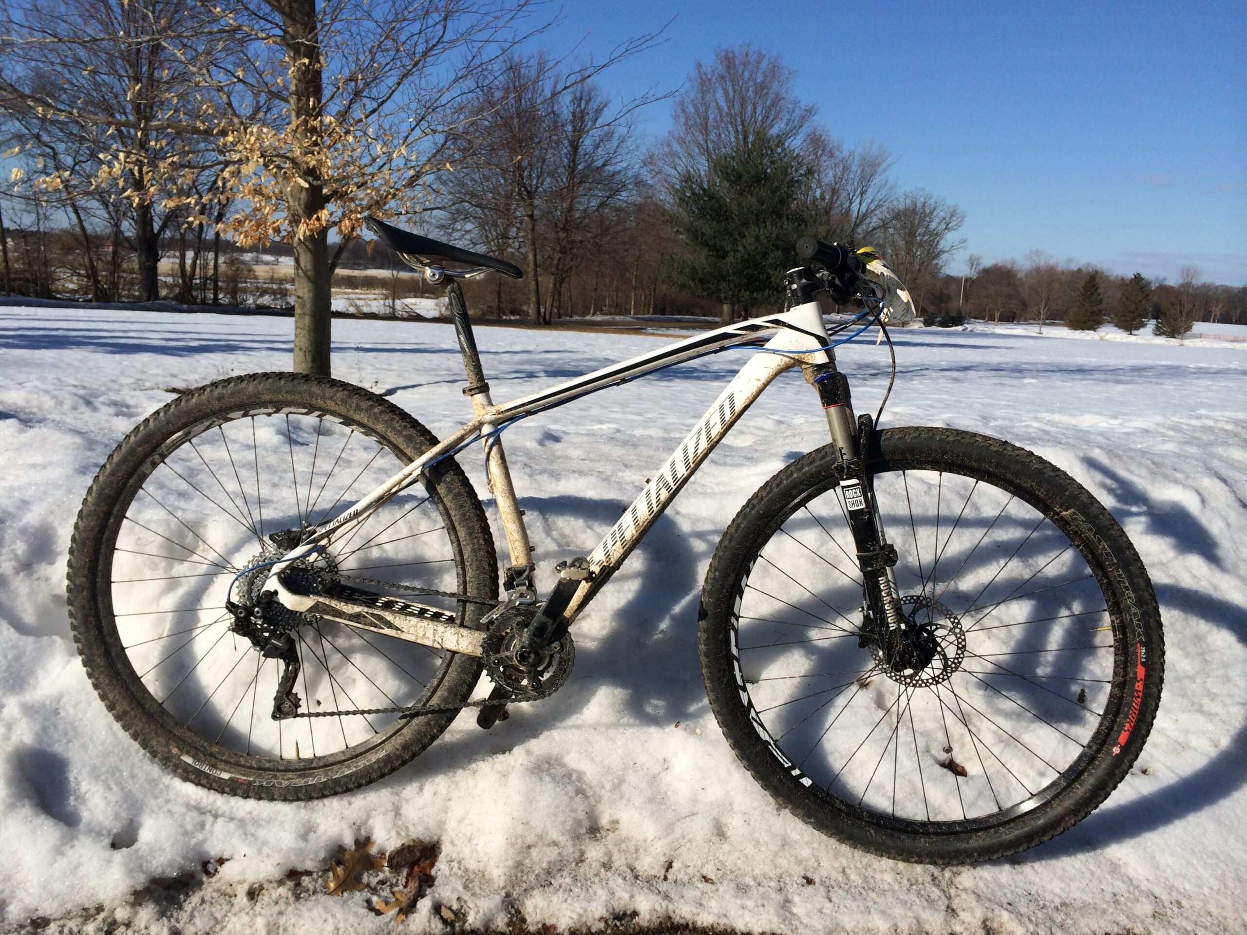 Specialized Stumpjumper Comp Carbon 29: A mountain bike rests on a patch of snow, partially covered in dirt, with a clear blue sky and leafless trees in the background.