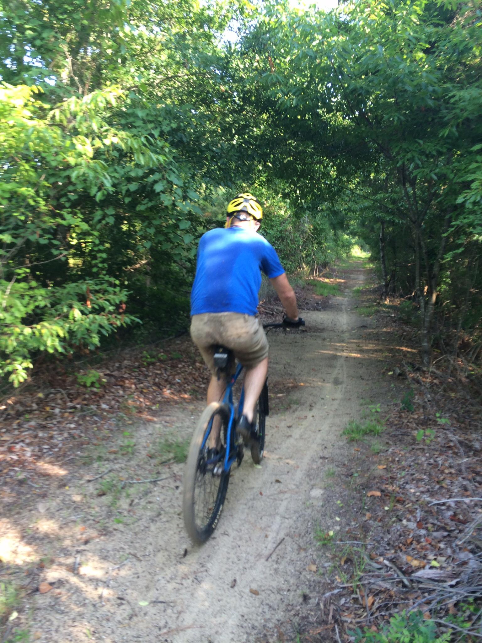 A person riding a blue mountain bike along a sandy dirt trail surrounded by dense greenery, with sunlight filtering through the trees. The rider is wearing a yellow helmet and a blue shirt, and the setting suggests a recreational outdoor activity in a natural environment. Horry County Bike Run Park mountain bike trail.