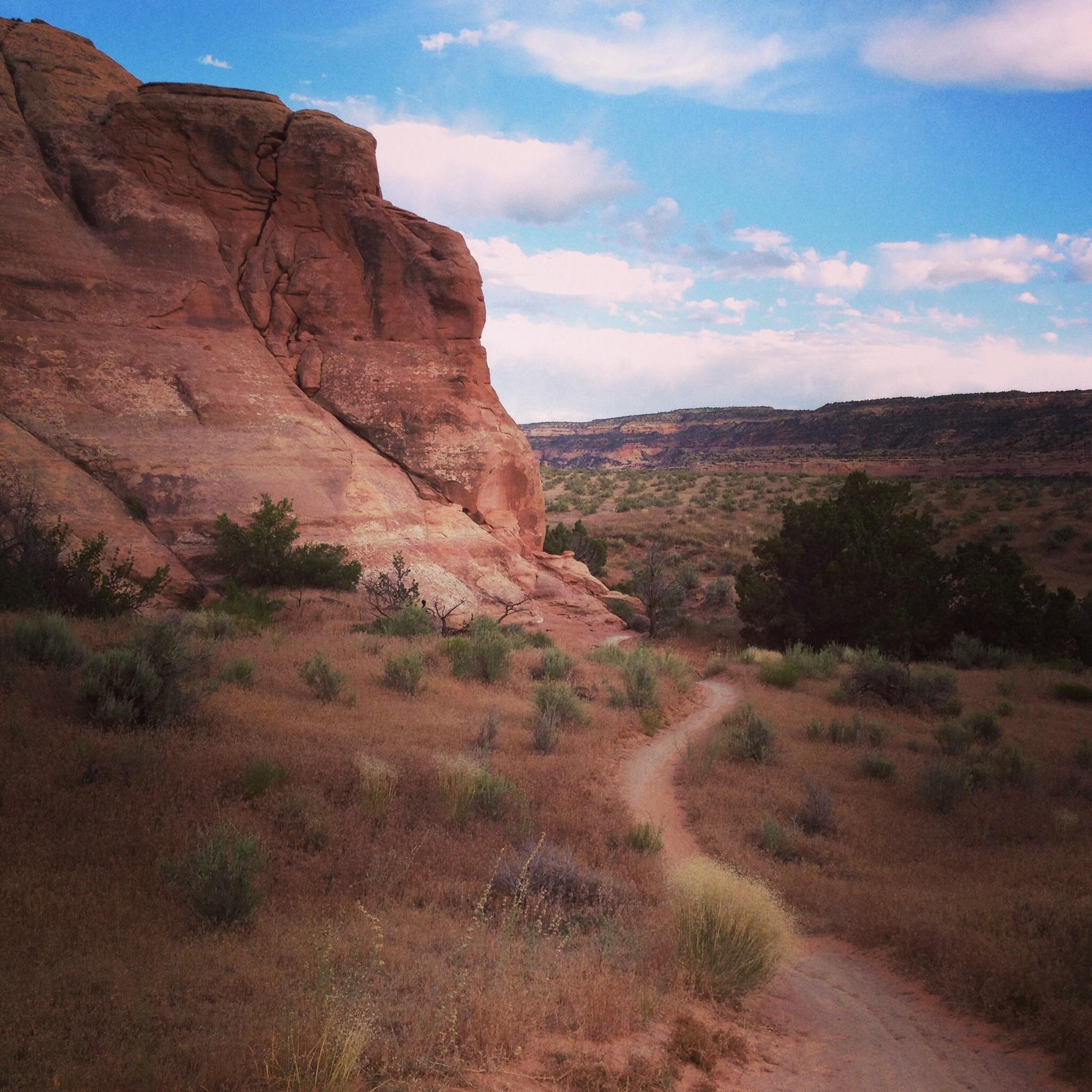 A winding dirt path leads through a arid landscape with low shrubs and grasses, framed by a large rock formation on the left. In the distance, layered canyons and hills are visible under a partly cloudy sky. Mary's Loop / Horsethief Bench mountain bike trail.
