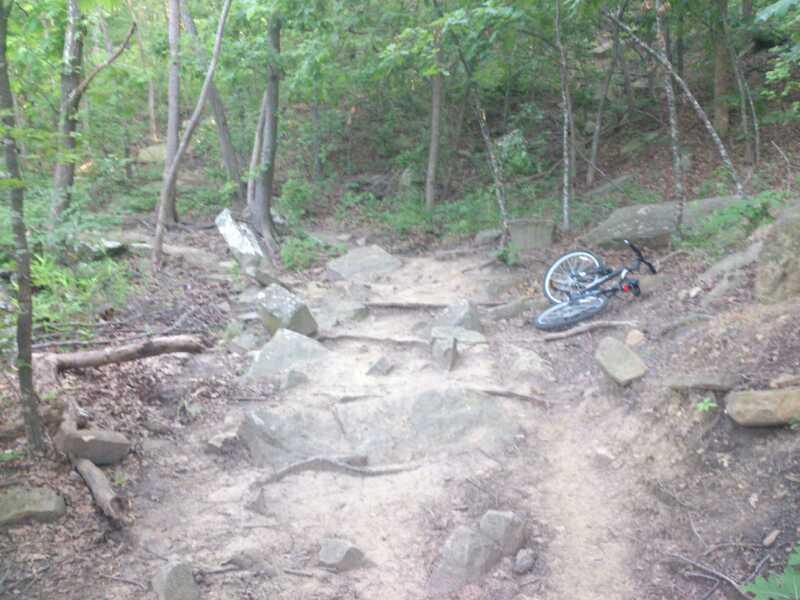 A rocky and uneven dirt path through a wooded area, with a mountain bike laid on the ground to the right. The trail is surrounded by trees and foliage, indicating a natural outdoor setting. Turkey Mountain mountain bike trail.