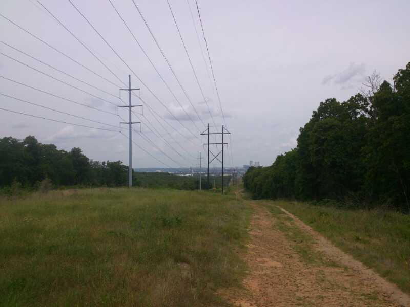 A dirt path lined with tall grass leading towards utility poles and power lines, with trees on the right side and a distant view of a city skyline under a cloudy sky. Turkey Mountain mountain bike trail.