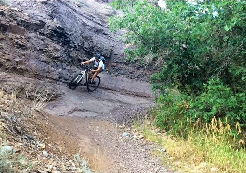 A mountain biker navigating a rocky trail surrounded by greenery, with a steep slope on one side and sparse vegetation on the other. Telegraph Trail System mountain bike trail.
