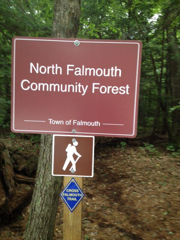 A brown sign indicating "North Falmouth Community Forest" with a hiker symbol and an additional blue sign stating "Cross Falmouth Trail," surrounded by a wooded area. North Falmouth Community Forest mountain bike trail.