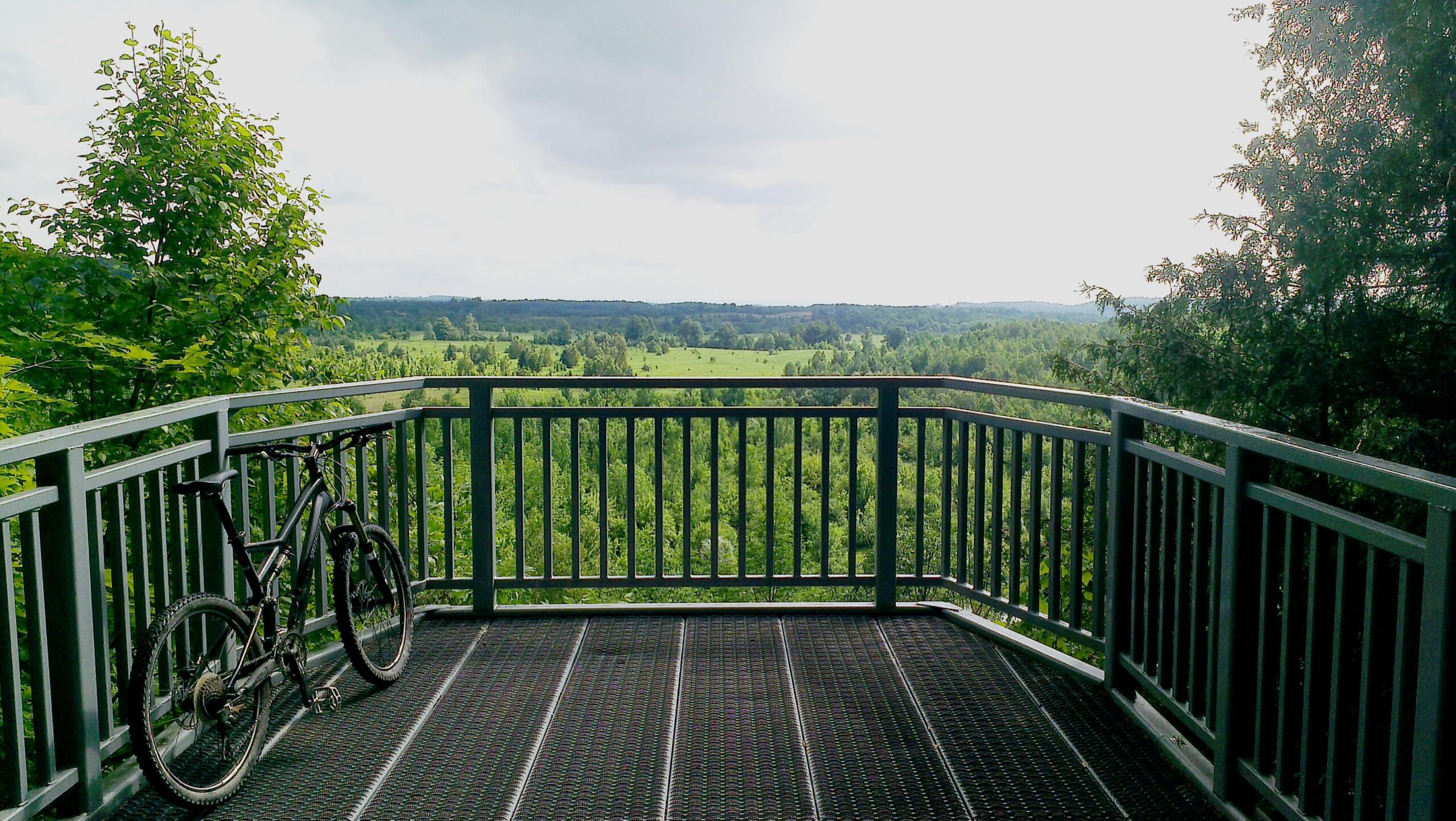 A scenic viewpoint featuring a black mountain bike leaning against a metal railing, overlooking expansive green fields and dense trees under a partly cloudy sky. Mono Cliffs Provincial Park mountain bike trail.