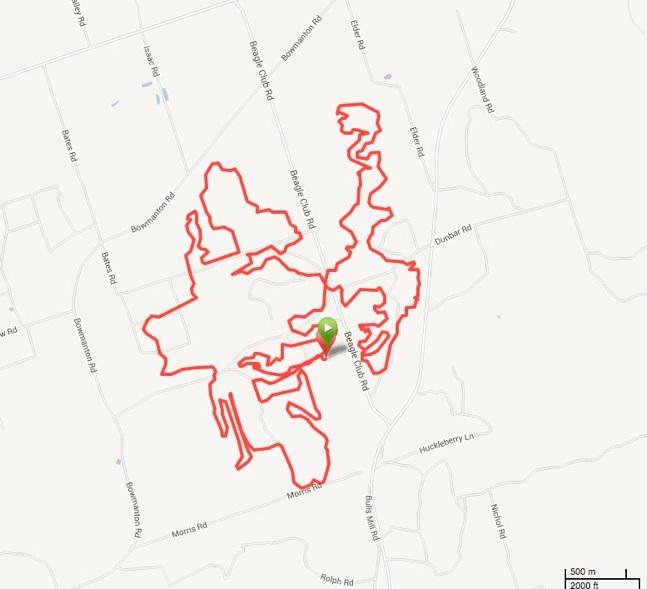 An illustrated map highlighting a specific route or area, marked in red, with major roads and landmarks labeled. The central feature is a green location marker. The layout includes various twists and turns, representing paths or trails within the outlined region. Northumberland Forest Red mountain bike trail.