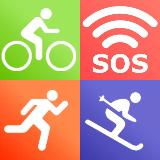 ActivBeacon: Image showing four icons in a grid layout: a bicycle on a green background, a running figure on an orange background, an SOS signal in the center with a white background, and a skiing figure on a blue background.