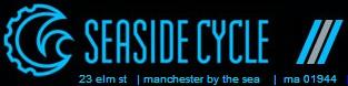 Logo of Seaside Cycle, a bike shop located at 23 Elm Street, Manchester by the Sea, MA 01944. The design features a stylized wave and gear motif in blue on a black background.