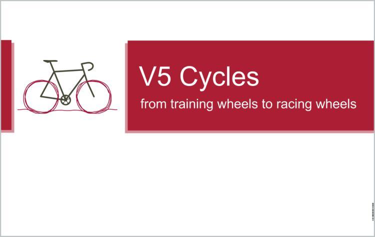 Illustration of a bicycle with training wheels, accompanied by the text "V5 Cycles" and the tagline "from training wheels to racing wheels." The design features a simple line drawing of the bicycle against a white background, emphasizing the transition from beginner to advanced cycling.