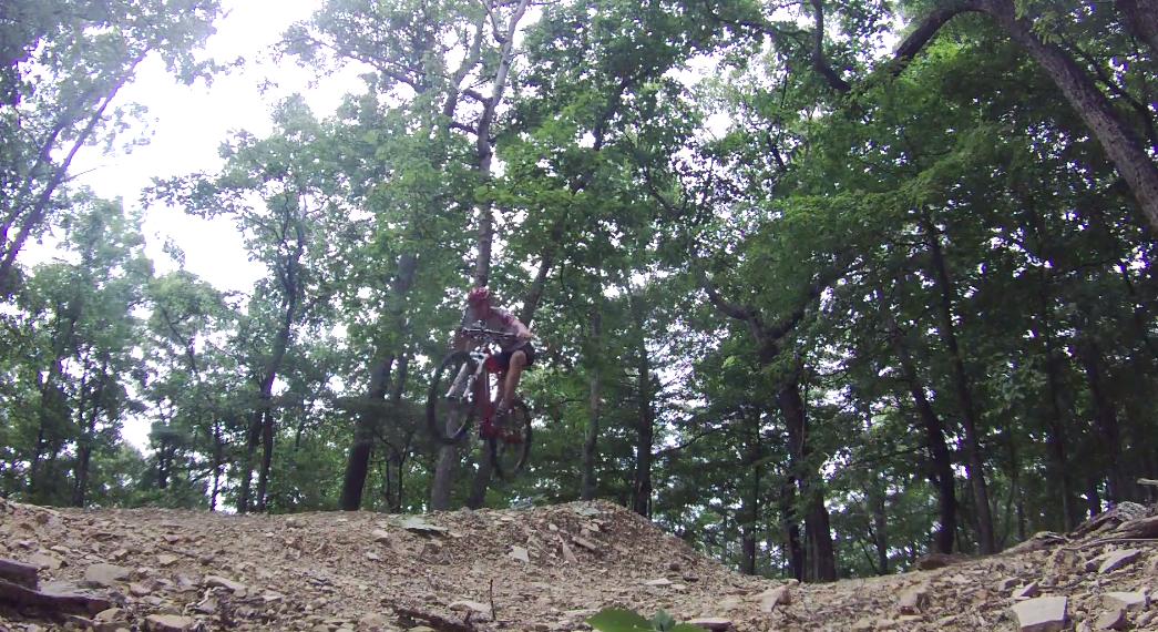 A mountain biker performing a jump on a dirt trail surrounded by dense green trees. The biker is airborne, with the bike's wheels off the ground, showcasing an action-packed moment in a natural outdoor setting. Carvin's Cove Trail system mountain bike trail.