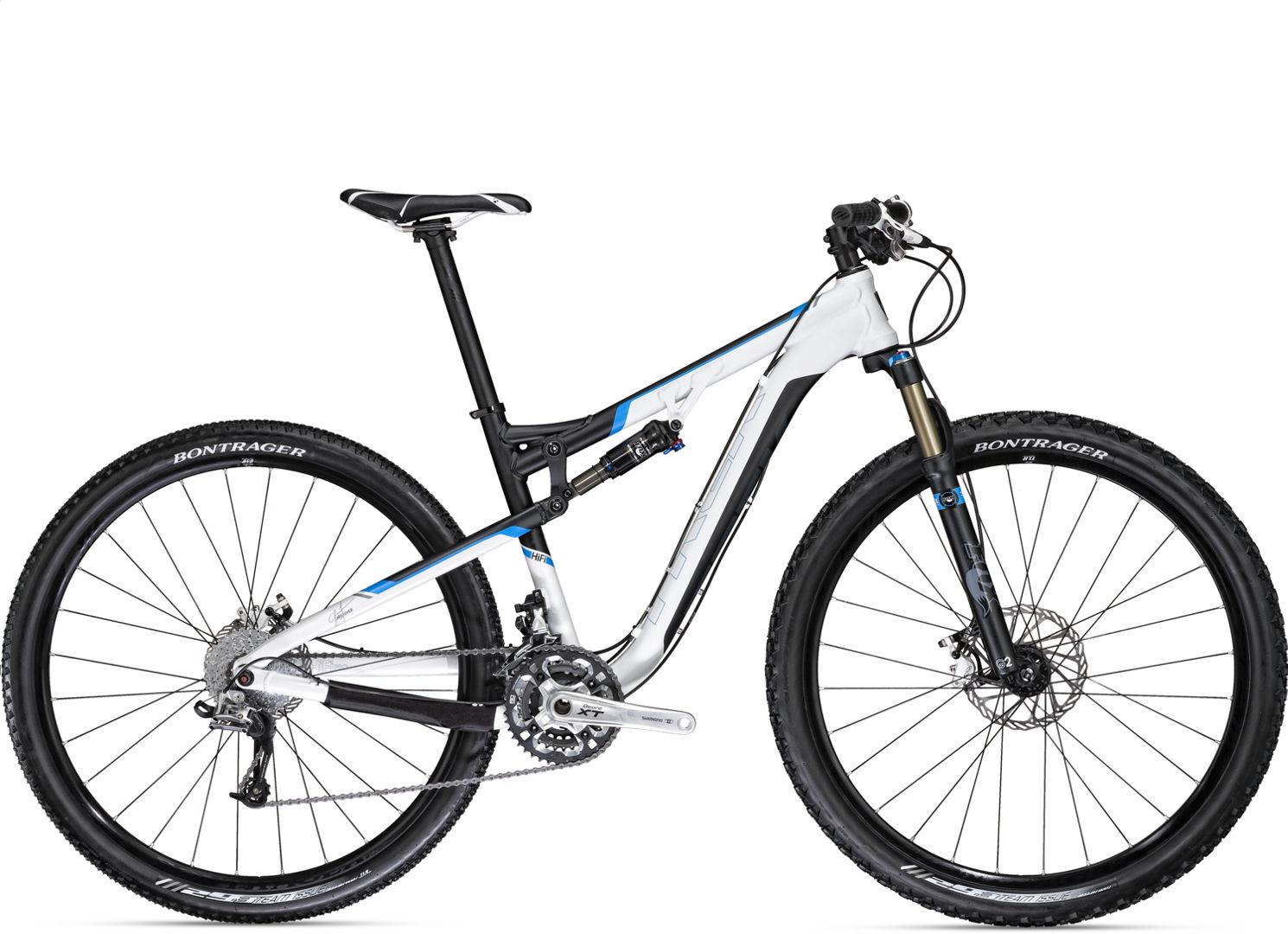 Gary Fisher HiFi Pro: A modern mountain bike with a white and black frame, featuring blue accents. It has wide tires, a suspension fork at the front, and a sleek design suitable for off-road riding. The bike includes a dual suspension system and mountain bike components.