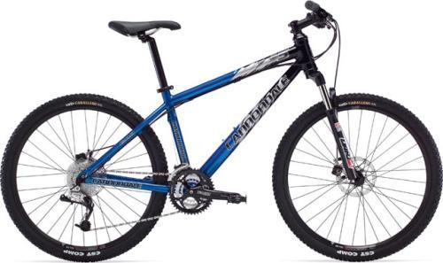 Cannondale F5: A blue and black mountain bike with durable tires, front suspension, and a sleek design. The bike features a prominent brand logo on its frame and has a single gear on the crankset, making it suitable for off-road trails.