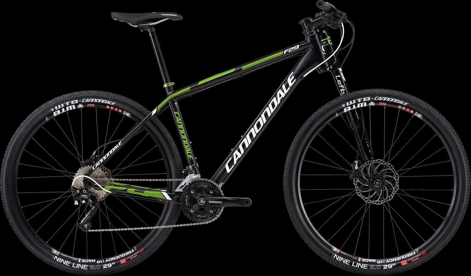 Cannondale F29 2: A black and green Cannondale F29 mountain bike, featuring a lightweight frame, wide tires with "WTB Cannondale" branding, and a Shimano drivetrain. The bike is positioned against a black background, showcasing its sleek design and detail.