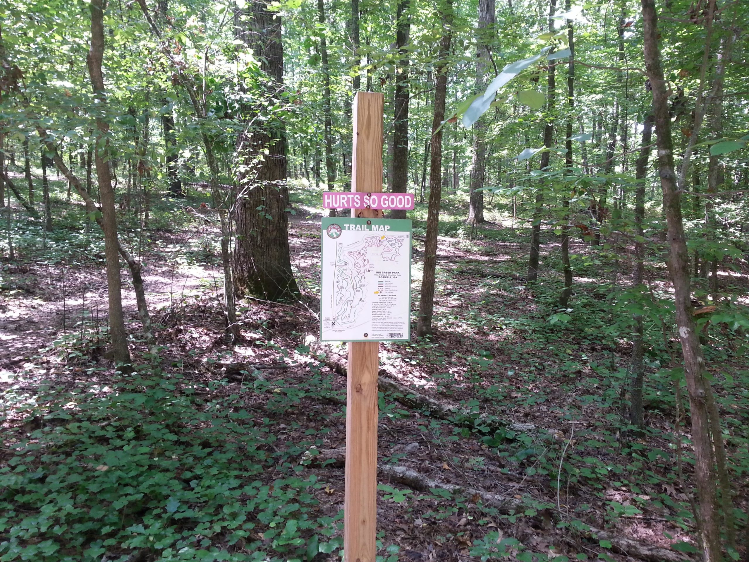 A signpost in a wooded area displaying a trail map, with the phrase "Hurts So Good" at the top. Surrounding the sign are tall trees and lush greenery, creating a peaceful natural setting. The ground is covered with fallen leaves and underbrush, indicating a well-used hiking path nearby. Big Creek mountain bike trail.