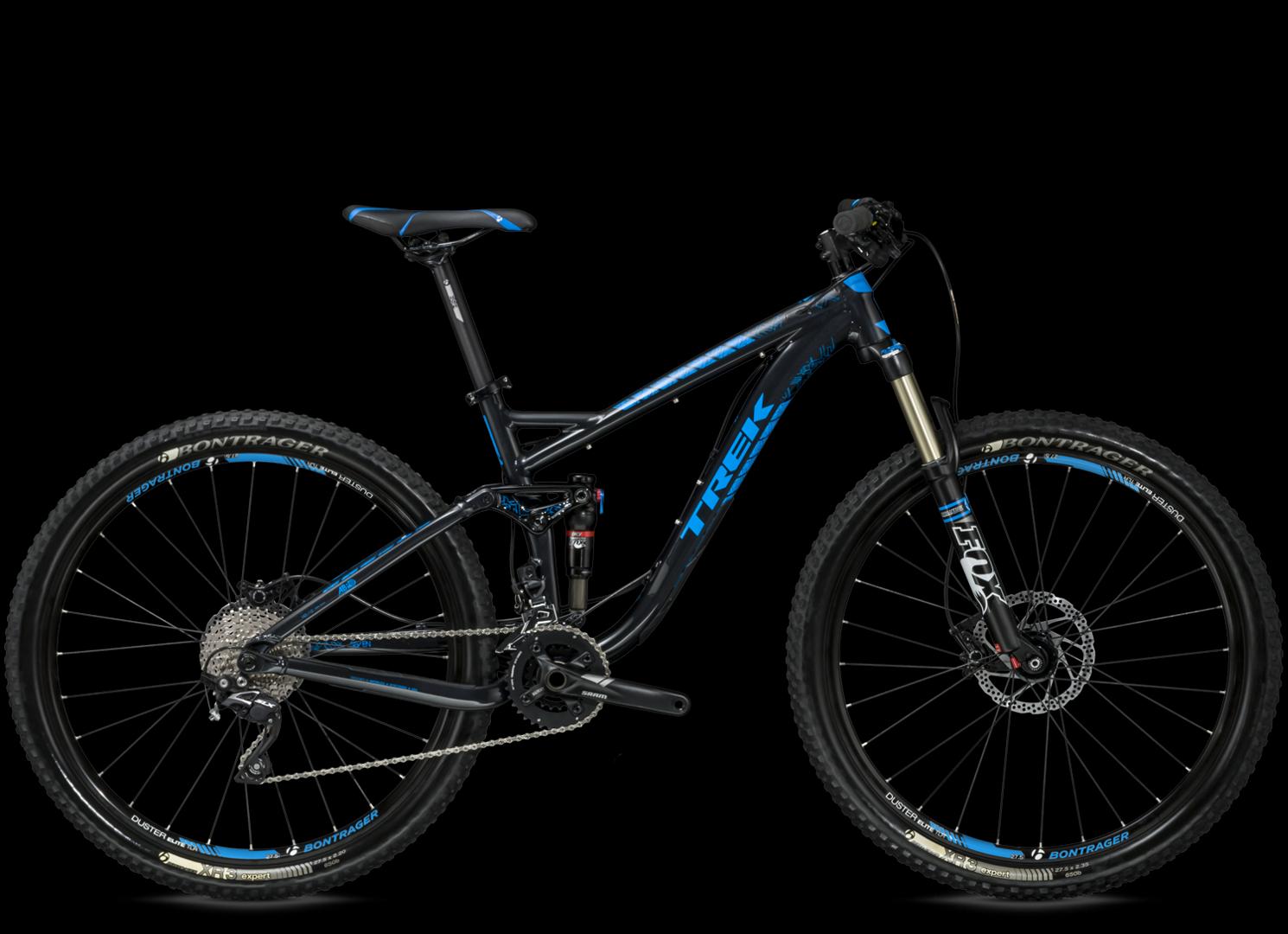 Trek Fuel EX 7: A black and blue Trek mountain bike displayed against a dark background. The bike features a lightweight frame, front suspension, and knobby tires designed for off-road terrain.
