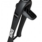 Close-up image of a black bicycle fork featuring a sleek design with white branding, labeled "MTN" and "ENVE." The fork has minimalistic lines and a modern aesthetic, suitable for mountain biking.
