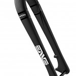 A close-up view of a black bicycle fork with a sleek design, featuring the logo "ENVE" prominently displayed. The fork is made for mountain biking, showcasing its robust structure suitable for off-road use. The background is plain white, emphasizing the details and contours of the fork.