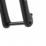 Black bicycle fork with a black axle visible, shown at an angle against a white background. The fork features a simple design with a logo on one side.