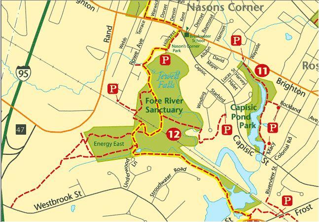 Map highlighting the layout of Fore River Sanctuary and Capisic Pond Park, including park boundaries, trails, and parking locations. Major roads and nearby landmarks are also indicated. Fore River Sanctuary mountain bike trail.